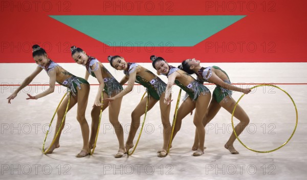 Sofia, Bulgaria - 16 September, 2022: Members of team Korea in action with 5 hoops during the 39th FIG Rhythmic Gymnastics World Championships
