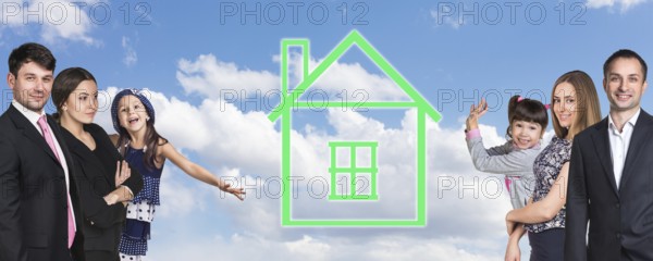 Happy caucasian family on the background of sky with home logo