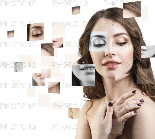 Young woman's face collected from different parts over white background