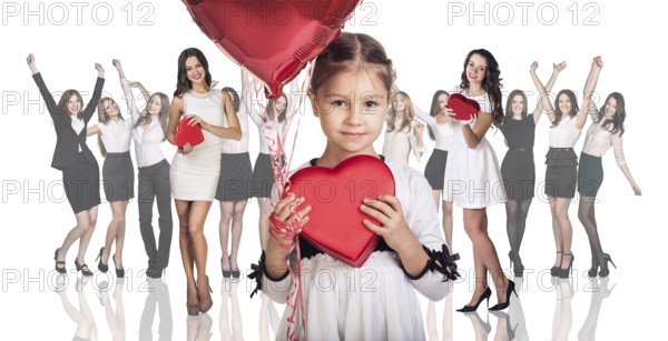 Beautiful girl in dress giving box heart isolated on white