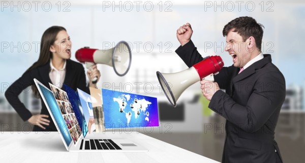 Businessman stands near laptop with many screens and scream to loudspeaker. Elements of this image furnished by NASA