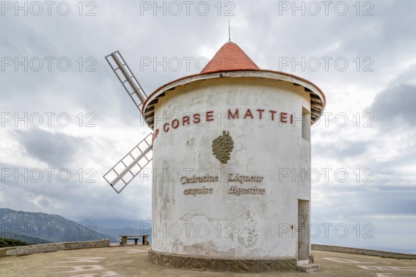 The whitewashed windmill Moulin Mattei with tiled roof and wind vanes at the Col de la Serra of the spirits producer L.N.Mattei is the landmark of Cap Corse, Corsica, France, Europe
