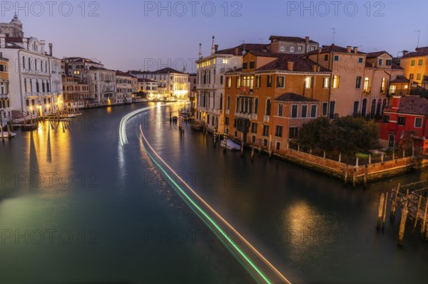 Morning atmosphere in front of sunrise, blue hour at dawn, view of the Grand Canal from the Ponte dell' Accademia, long exposure, Venice, Italy, Europe