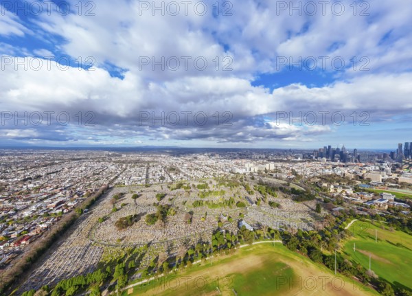 Aerial view of Melbourne Cemetery on a cool winter's day from Parkville in Victoria, Australia, Oceania