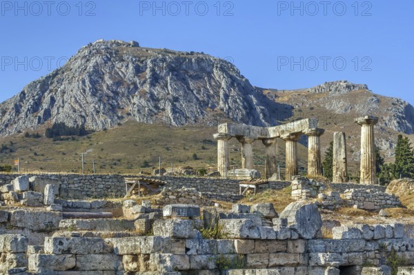 The ruins of the Temple of Apollo in ancient Corinth, Greece, Europe