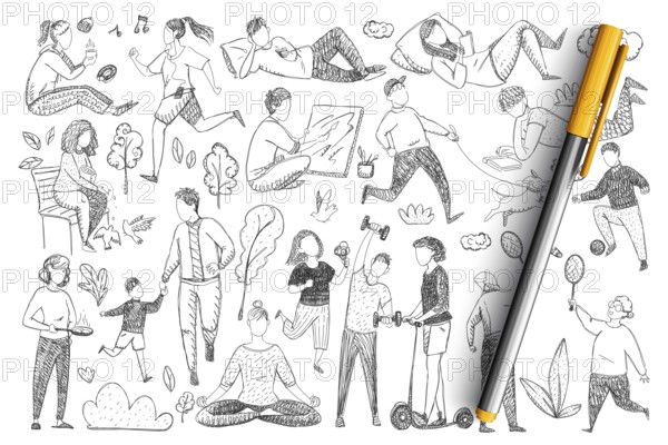 Healthy family lifestyle doodle set. Collection of hand drawn parents doing sport, meditating, playing games, walking with children isolated on transparent background. illustration of happy family
