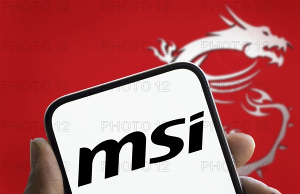 Msi logo is displayed on smartphone. MSI is a Taiwanese multinational information technology company.