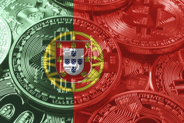 Portugal bitcoin flag, national flag cryptocurrency concept black background