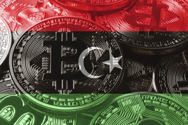 Libya bitcoin flag, national flag cryptocurrency concept black background