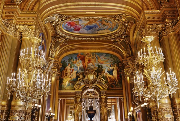 PARIS, FRANCE, MARCH 14, 2017 : interiors, frescoes and architectural details of the palais Garnier, Opera of Paris, march 14, 2017 in Paris, France, Europe