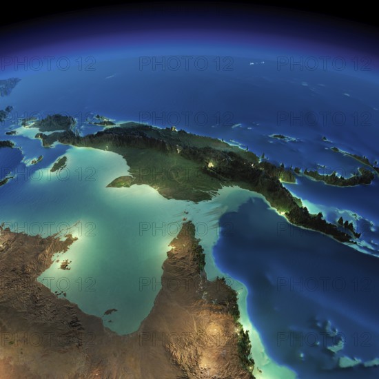 Highly detailed Earth, illuminated by moonlight. The glow of cities sheds light on the detailed exaggerated terrain and translucent water of the oceans. Night Earth. Australia and Papua New Guinea. Elements of this image furnished by NASA