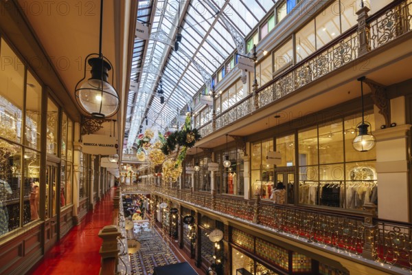 SYDNEY, AUSTRALIA DECEMBER 3 2023, The Strand Arcade with Christmas lights and decorations in the middle of a busy day in Sydney CBD, New South Wales, Australia, Oceania