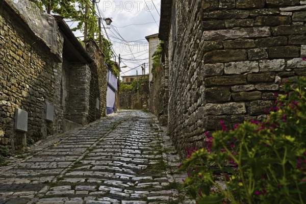 A view on buildings in Gjirokastra on a cloudy day