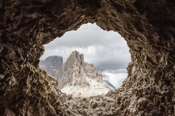View out of a loophole of the Mount Lagazuoi tunnels, built during the First World War, the Dolomite Alps in South Tirol