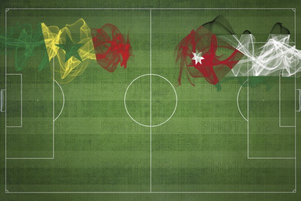 Senegal vs Jordan Soccer Match, national colors, national flags, soccer field, football game, Competition concept, Copy space