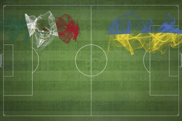 Mexico vs Ukraine Soccer Match, national colors, national flags, soccer field, football game, Competition concept, Copy space