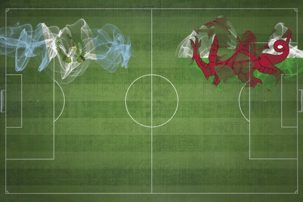 Guatemala vs Wales Soccer Match, national colors, national flags, soccer field, football game, Competition concept, Copy space