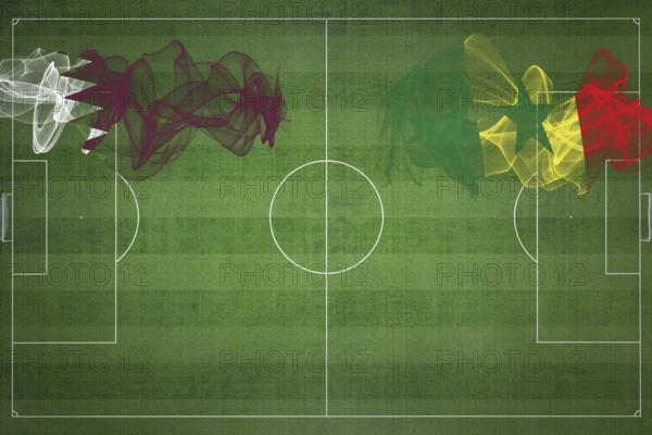 Qatar vs Senegal Soccer Match, national colors, national flags, soccer field, football game, Competition concept, Copy space