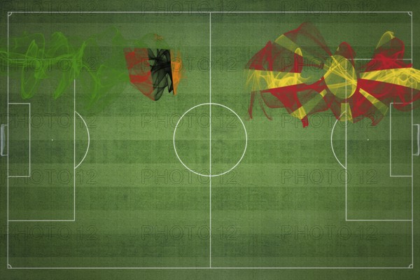 Zambia vs North Macedonia Soccer Match, national colors, national flags, soccer field, football game, Competition concept, Copy space