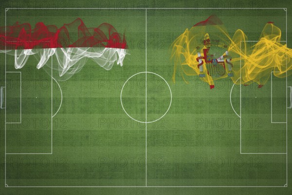 Indonesia vs Spain Soccer Match, national colors, national flags, soccer field, football game, Competition concept, Copy space