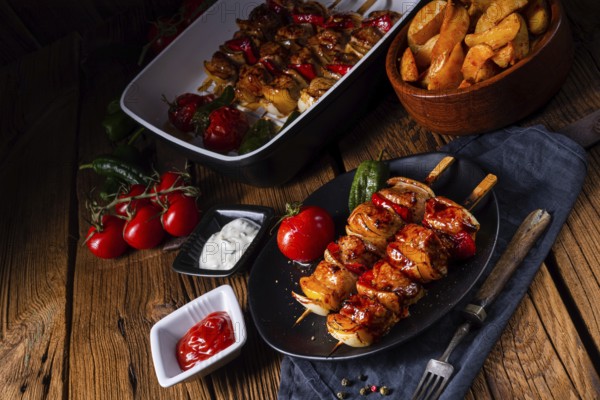 Marinated kebabs with meat and vegetables