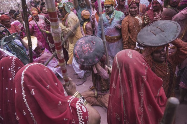 People celebrating holi festival, mathura, uttar pradesh, india, asia