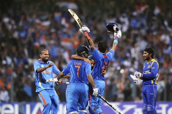 Indian cricketers celebrate after beating Sri Lanka ICC Cricket World Cup 2011 final match Wankhede Stadium Mumbai