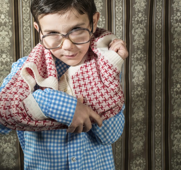 Smiling child dress vintage clothes. Close up shot