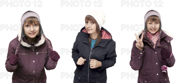 Collage beautiful young girl in winter to cloth on white background. Picture built from several pictures