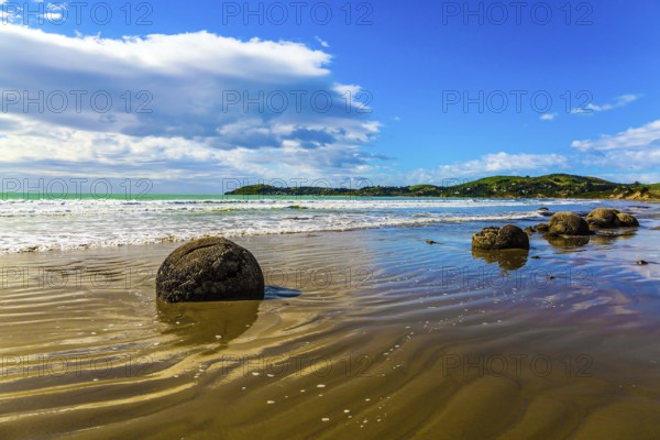 Moeraki's huge round boulders on a sandy beach. The Pacific ocean tide begins in New Zealand. The sun's rays are reflected in the ocean water. The concept of ecological, exotic and phototourism