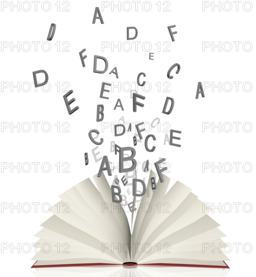 Open book with flying letters lying isolated on white