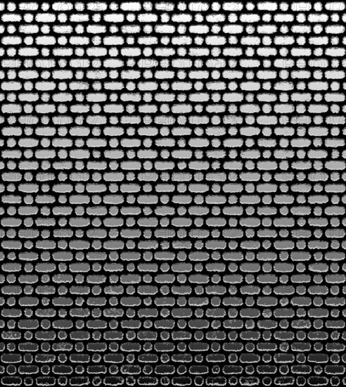 A black and white image of a brick wall with a gradient effect, creating a repetitive and abstract urban texture