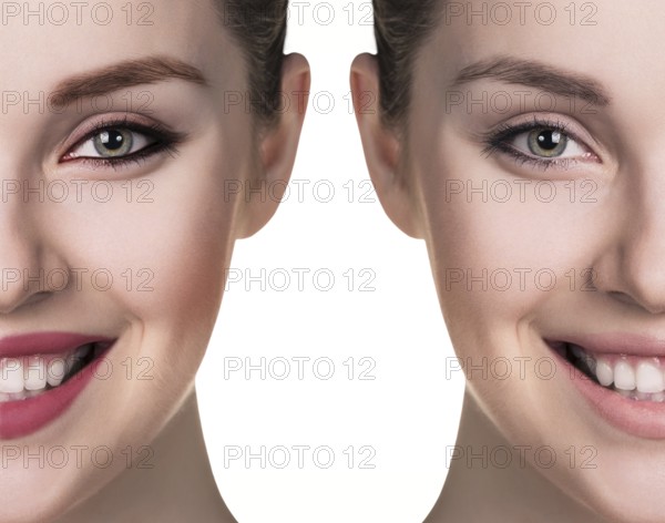 Comparative portrait of female face, without and with makeup