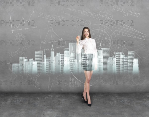 Businesswoman working with modern virtual technologies on gray background