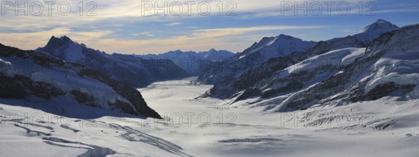 Mountain landscape in the Swiss Alps. Aletsch glacier, longest glacier of the Alps