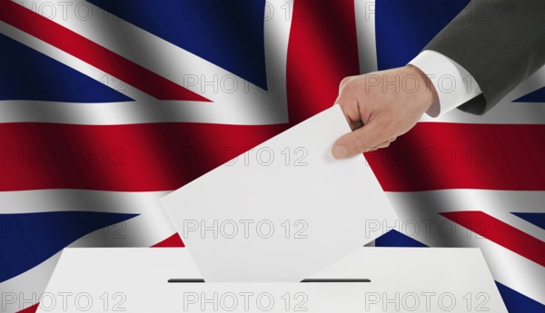 The British flag and the hand with the bulletin about the ballot box