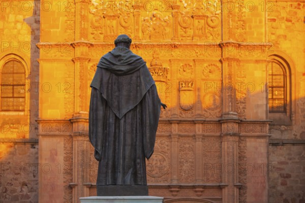 The priest statue in front of the New Cathedral of Salamanca, Spain, Europe