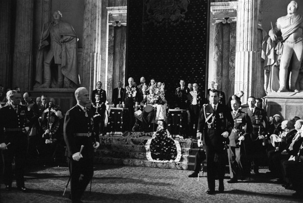 Carl XVI Gustaf, King of Sweden. Born 30 april 1946. Pictured when attending the ceremonial opening of the swedish parliament 1966. King Gustaf VI Adolf in the center sitting in a throne, from where he made his speach to the parliament