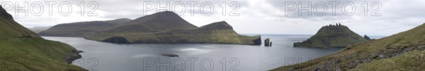 Panorama of Vagar and Tindholmur on the Faroe Islands with salmon farm, Faroe Islands, Denmark, Europe