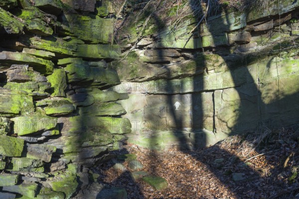 Graffitti at a rock shelter, atmospheric rock arts, looks like signs of Cannibalism, Wülmersen, Trendelburg, Hesse, Germany, Europe