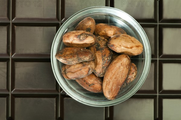 Chocolate bar and cocoa beans in bowl