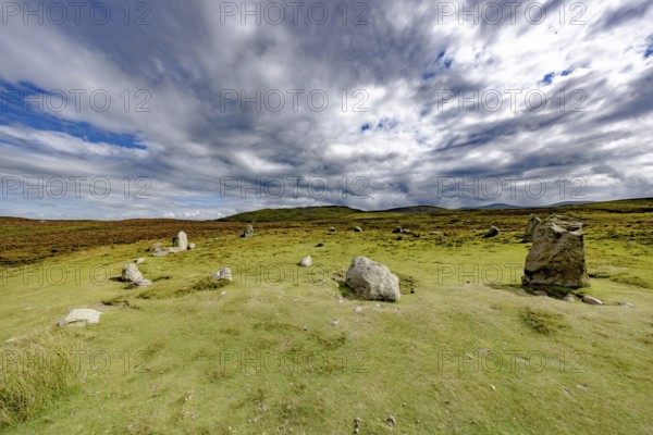 Druids Circle, stone circle in wide landscape with pastures in the mountains, Penmaenmawr, Dwygyfylchi, Caernarfonshire, Conwy County Borough, Wales, Great Britain