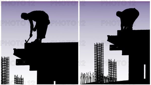 Construction workers put formwork and armature