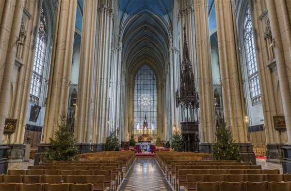 Belgium, 09 13 2019: Neo-gothic interior design of the roman catholic church of Our Lady of Laeken, Europe