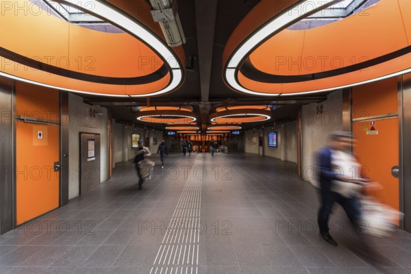 Laeken, Brussels Capital Region, Belgium, 09 25 2019 Abstract designed tiles with orange shaped arrows, Europe