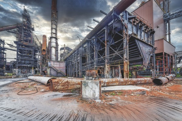 Old abandoned industrial site with rusted structures and empty spaces under a dramatic sky, HF6, Lost Place, Seraing, Province of Liège, Belgium, Europe