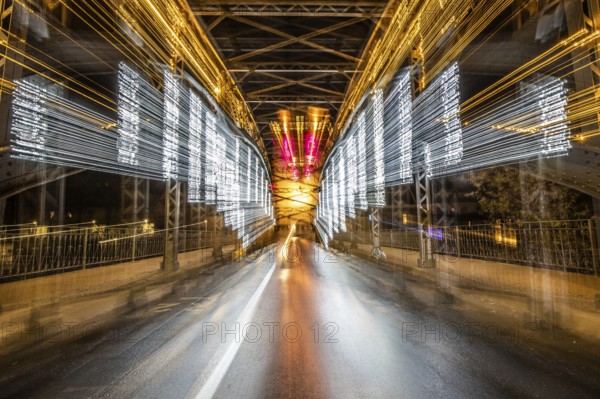 Illuminated bridge, Waasenbrücke, behind Schwammerlturm, night shot, zoom effect, Leoben, Styria, Austria, Europe