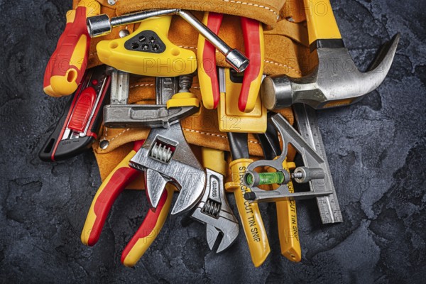 Tool Belt With Construction Tools On Black Background