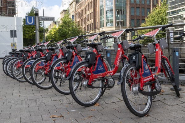 Symbolic image mobility, traffic turnaround, local transport, city bike, Deutsche Bahn rental bikes in Mönckebergstraße in front of the main railway station in the city centre of Hamburg, Germany, Europe