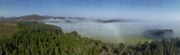 Coastal fog in the Scottish Highlands with hills, drone image, Broch of Ousdale, Berriedale, Scotland, Great Britain